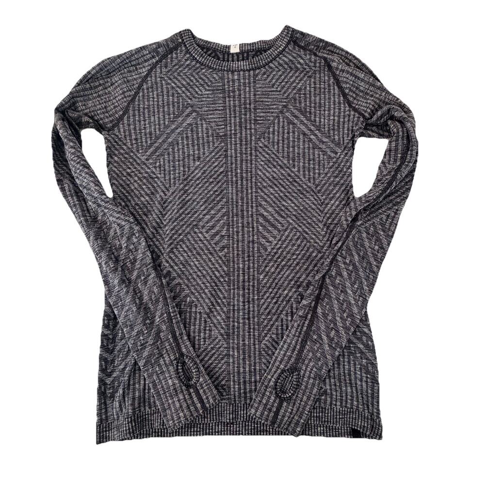 Lululemon Rest Less Pullover Thumbholes Black Grey Geometric Womens 8